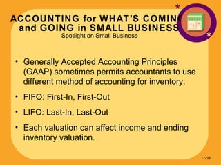 ACCOUNTING for WHAT’S COMING  and GOING in SMALL BUSINESS Spotlight on Small Business * * Generally Accepted Accounting Principles (GAAP) sometimes permits accountants to use different method of accounting for inventory. FIFO: First-In, First-Out LIFO: Last-In, Last-Out Each valuation can affect income and ending inventory valuation. 17- 
