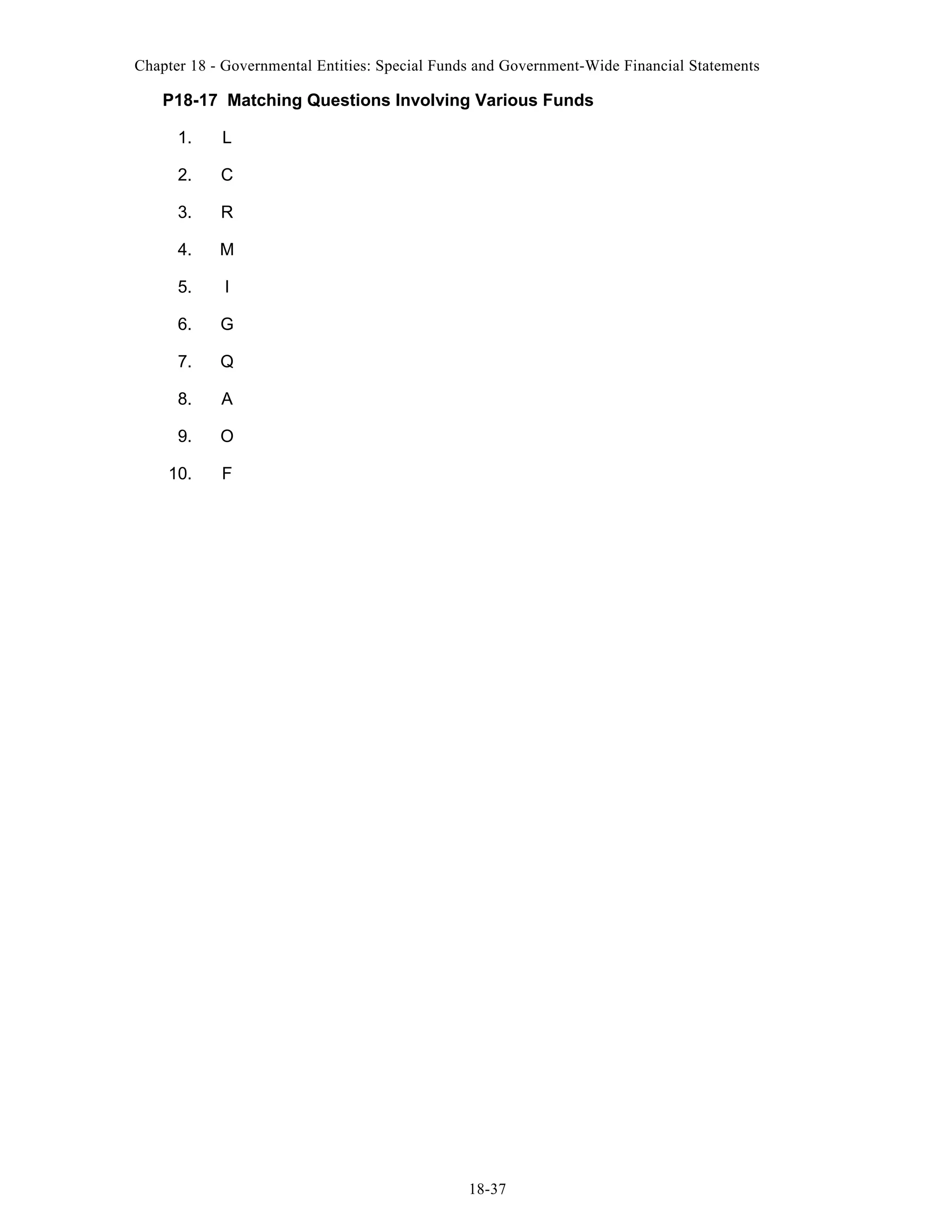 Chapter 18 - Governmental Entities: Special Funds and Government-Wide Financial Statements

P18-17 Matching Questions Involving Various Funds
1.

L

2.

C

3.

R

4.

M

5.

I

6.

G

7.

Q

8.

A

9.

O

10.

F

18-37

 