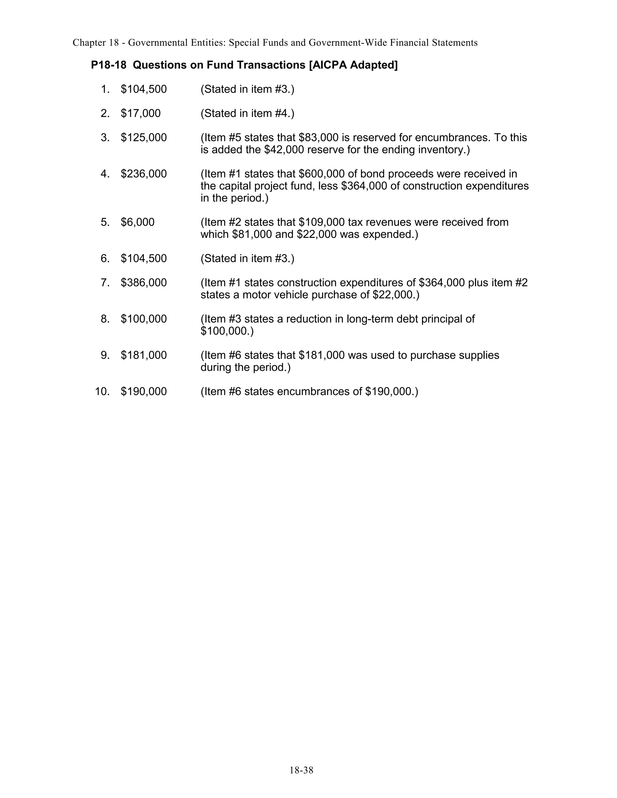 Chapter 18 - Governmental Entities: Special Funds and Government-Wide Financial Statements

P18-18 Questions on Fund Transactions [AICPA Adapted]
1. $104,500

(Stated in item #3.)

2. $17,000

(Stated in item #4.)

3. $125,000

(Item #5 states that $83,000 is reserved for encumbrances. To this
is added the $42,000 reserve for the ending inventory.)

4. $236,000

(Item #1 states that $600,000 of bond proceeds were received in
the capital project fund, less $364,000 of construction expenditures
in the period.)

5. $6,000

(Item #2 states that $109,000 tax revenues were received from
which $81,000 and $22,000 was expended.)

6. $104,500

(Stated in item #3.)

7. $386,000

(Item #1 states construction expenditures of $364,000 plus item #2
states a motor vehicle purchase of $22,000.)

8. $100,000

(Item #3 states a reduction in long-term debt principal of
$100,000.)

9. $181,000

(Item #6 states that $181,000 was used to purchase supplies
during the period.)

10. $190,000

(Item #6 states encumbrances of $190,000.)

18-38

 