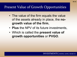 INVESTMENTS | BODIE, KANE, MARCUS
18-16
Present Value of Growth Opportunities
• The value of the firm equals the value
of the assets already in place, the no-
growth value of the firm,
• Plus the NPV of its future investments,
• Which is called the present value of
growth opportunities or PVGO.
 
