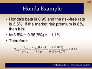 INVESTMENTS | BODIE, KANE, MARCUS
18-21
Honda Example
• Honda’s beta is 0.95 and the risk-free rate
is 3.5%. If the market risk premium is 8%,
then k is:
• k=3.5% + 0.95(8%) = 11.1%
• Therefore:
    68
.
31
$
077
.
0
111
.
0
077
.
1
1
$
1
2013
2014
2013 







g
k
g
D
g
k
D
P
 