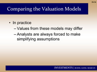 INVESTMENTS | BODIE, KANE, MARCUS
18-36
Comparing the Valuation Models
• In practice
– Values from these models may differ
– Analysts are always forced to make
simplifying assumptions
 