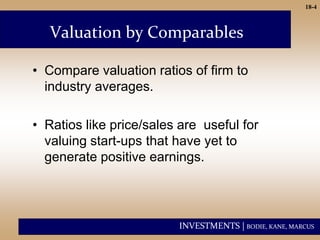 INVESTMENTS | BODIE, KANE, MARCUS
18-4
Valuation by Comparables
• Compare valuation ratios of firm to
industry averages.
• Ratios like price/sales are useful for
valuing start-ups that have yet to
generate positive earnings.
 