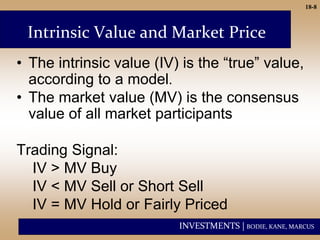 INVESTMENTS | BODIE, KANE, MARCUS
18-8
• The intrinsic value (IV) is the “true” value,
according to a model.
• The market value (MV) is the consensus
value of all market participants
Trading Signal:
IV > MV Buy
IV < MV Sell or Short Sell
IV = MV Hold or Fairly Priced
Intrinsic Value and Market Price
 