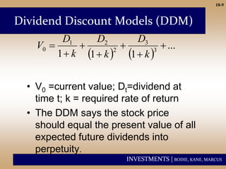INVESTMENTS | BODIE, KANE, MARCUS
18-9
• V0 =current value; Dt=dividend at
time t; k = required rate of return
• The DDM says the stock price
should equal the present value of all
expected future dividends into
perpetuity.
Dividend Discount Models (DDM)
   
...
1
1
1 3
3
2
2
1
0 






k
D
k
D
k
D
V
 