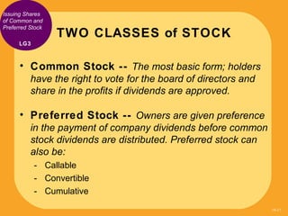 Issuing Shares
of Common and
Preferred Stock
                  TWO CLASSES of STOCK
      LG3



      • Common Stock -- T...