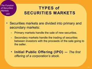 The Function
of Securities
Markets
                            TYPES of
     LG1               SECURITIES MARKETS

     • ...