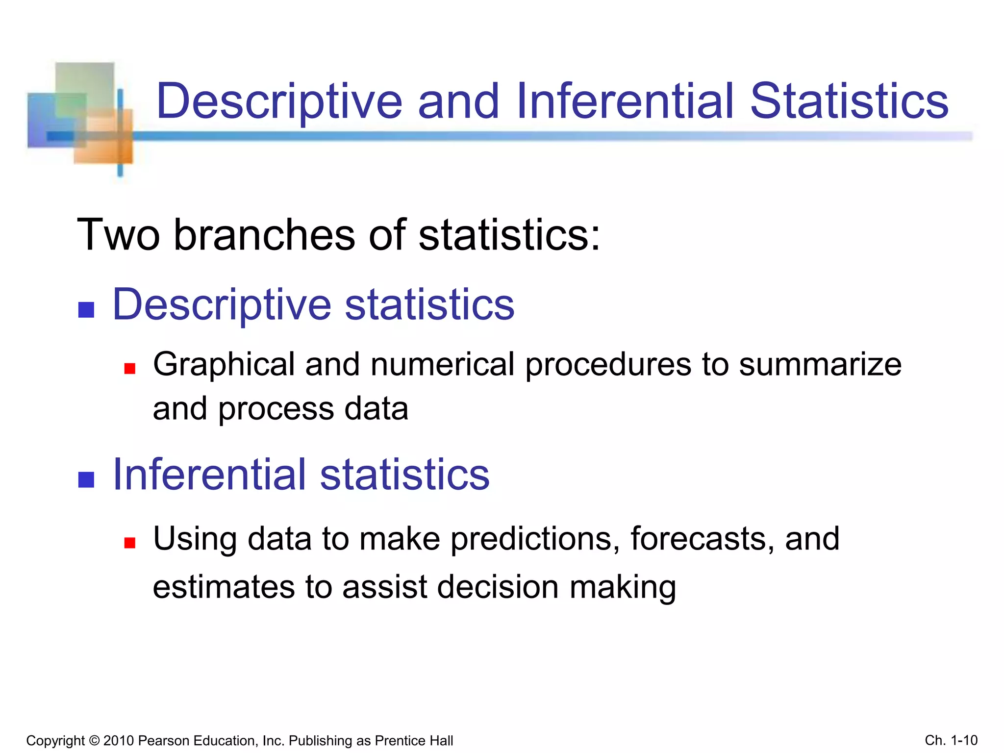 Descriptive and Inferential Statistics
Two branches of statistics:
 Descriptive statistics
 Graphical and numerical procedures to summarize
and process data
 Inferential statistics
 Using data to make predictions, forecasts, and
estimates to assist decision making
Copyright © 2010 Pearson Education, Inc. Publishing as Prentice Hall Ch. 1-10
 