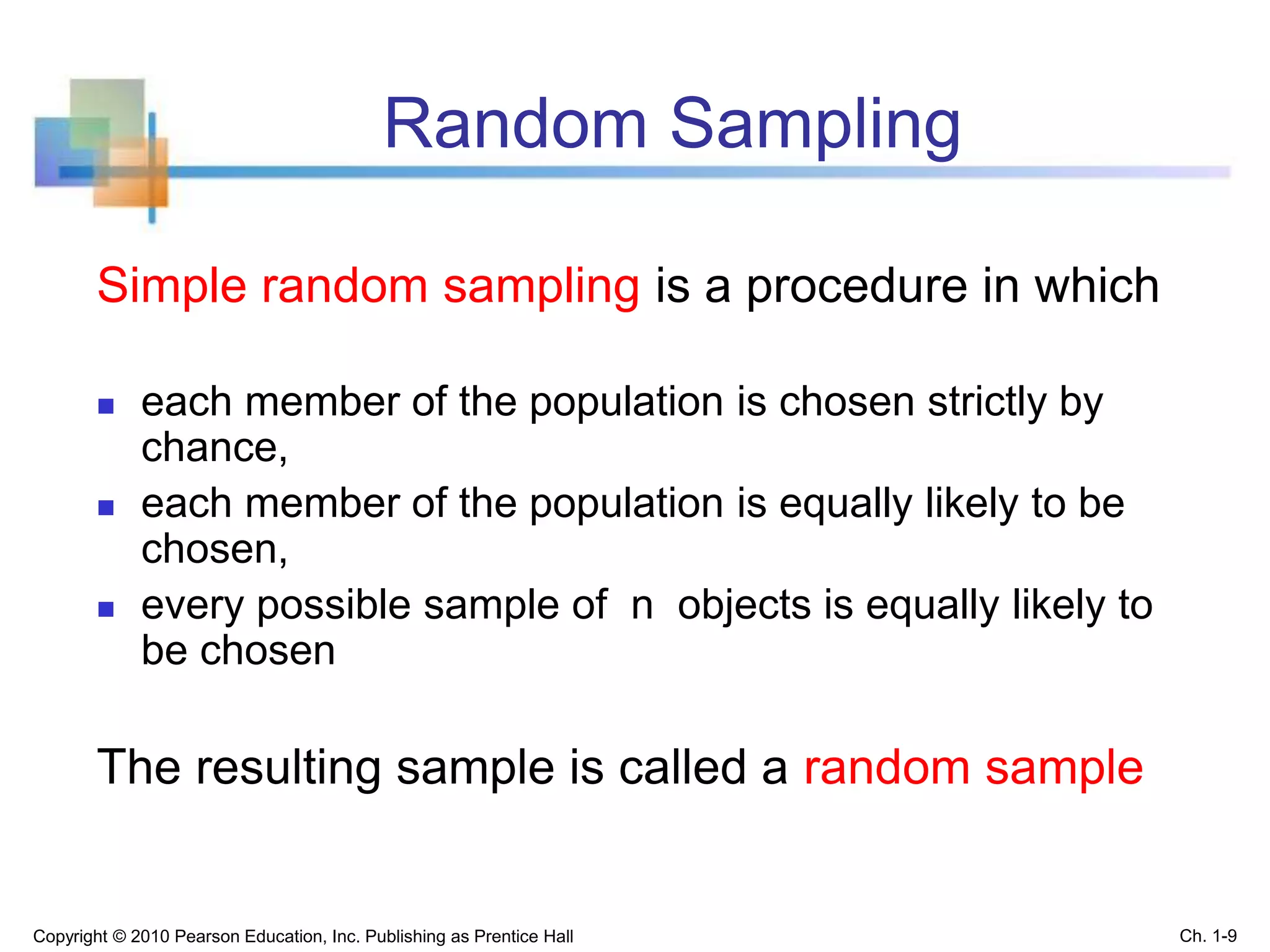 Random Sampling
Simple random sampling is a procedure in which
 each member of the population is chosen strictly by
chance,
 each member of the population is equally likely to be
chosen,
 every possible sample of n objects is equally likely to
be chosen
The resulting sample is called a random sample
Copyright © 2010 Pearson Education, Inc. Publishing as Prentice Hall Ch. 1-9
 