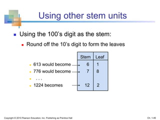 Using other stem units
 Using the 100’s digit as the stem:
 Round off the 10’s digit to form the leaves
 613 would become 6 1
 776 would become 7 8
 . . .
 1224 becomes 12 2
Stem Leaf
Copyright © 2010 Pearson Education, Inc. Publishing as Prentice Hall Ch. 1-46
 