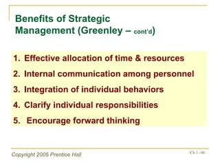Benefits of Strategic Management (Greenley –  cont’d ) ,[object Object],[object Object],[object Object],[object Object],[object Object]