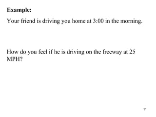 How do you feel if he is driving on the freeway at 25 MPH? Example: Your friend is driving you home at 3:00 in the morning. 