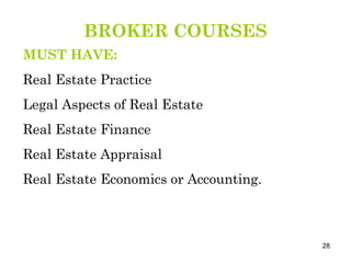 BROKER COURSES MUST HAVE: Real Estate Practice Legal Aspects of Real Estate Real Estate Finance Real Estate Appraisal Real Estate Economics or Accounting. 