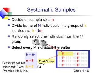 Systematic Samples


Decide on sample size: n



Divide frame of N individuals into groups of k
individuals: k=N/n



Randomly select one individual from the 1st
group



Select every kth individual thereafter
N = 64

n=8
First Group
Statistics for Managers Using
Microsoft Excel, k =© 2004
4e 8
Prentice-Hall, Inc.

Chap 1-16

 