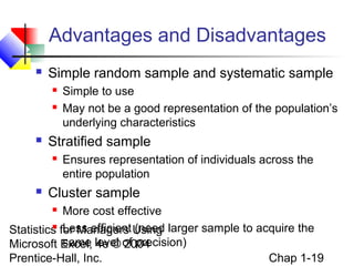 Advantages and Disadvantages


Simple random sample and systematic sample





Stratified sample




Simple to use
May not be a good representation of the population’s
underlying characteristics
Ensures representation of individuals across the
entire population

Cluster sample

More cost effective
 Less efficient (need
Statistics for Managers Using larger sample to acquire the
same 4e © 2004
Microsoft Excel, level of precision)
Chap 1-19
Prentice-Hall, Inc.


 