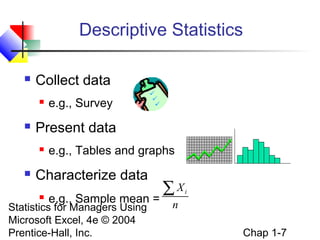 Descriptive Statistics


Collect data




Present data




e.g., Survey

e.g., Tables and graphs

Characterize data


e.g., Sample mean =

Statistics for Managers Using
Microsoft Excel, 4e © 2004
Prentice-Hall, Inc.

∑X

i

n

Chap 1-7

 