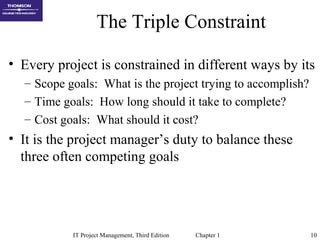 IT Project Management, Third Edition Chapter 1 10
The Triple Constraint
• Every project is constrained in different ways by its
– Scope goals: What is the project trying to accomplish?
– Time goals: How long should it take to complete?
– Cost goals: What should it cost?
• It is the project manager’s duty to balance these
three often competing goals
 