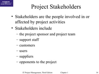 IT Project Management, Third Edition Chapter 1 14
Project Stakeholders
• Stakeholders are the people involved in or
affected by project activities
• Stakeholders include
– the project sponsor and project team
– support staff
– customers
– users
– suppliers
– opponents to the project
 