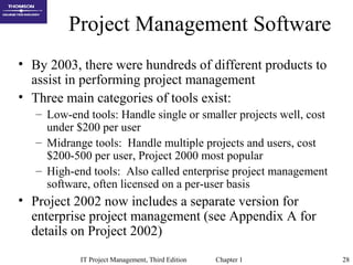 IT Project Management, Third Edition Chapter 1 28
Project Management Software
• By 2003, there were hundreds of different products to
assist in performing project management
• Three main categories of tools exist:
– Low-end tools: Handle single or smaller projects well, cost
under $200 per user
– Midrange tools: Handle multiple projects and users, cost
$200-500 per user, Project 2000 most popular
– High-end tools: Also called enterprise project management
software, often licensed on a per-user basis
• Project 2002 now includes a separate version for
enterprise project management (see Appendix A for
details on Project 2002)
 
