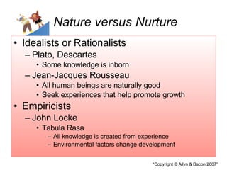 Nature versus Nurture Idealists or Rationalists Plato, Descartes  Some knowledge is inborn Jean-Jacques Rousseau All human beings are naturally good Seek experiences that help promote growth Empiricists John Locke Tabula Rasa All knowledge is created from experience Environmental factors change development 