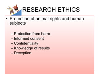 Protection of animal rights and human subjects Protection from harm Informed consent Confidentiality Knowledge of results Deception RESEARCH ETHICS 