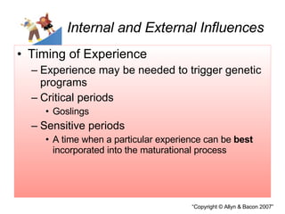 Internal and External Influences Timing of Experience Experience may be needed to trigger genetic programs Critical periods Goslings Sensitive periods A time when a particular experience can be  best  incorporated into the maturational process 