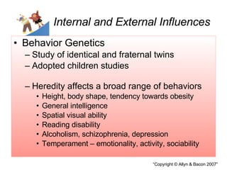 Internal and External Influences Behavior Genetics Study of identical and fraternal twins Adopted children studies Heredity affects a broad range of behaviors Height, body shape, tendency towards obesity General intelligence Spatial visual ability Reading disability Alcoholism, schizophrenia, depression Temperament – emotionality, activity, sociability 