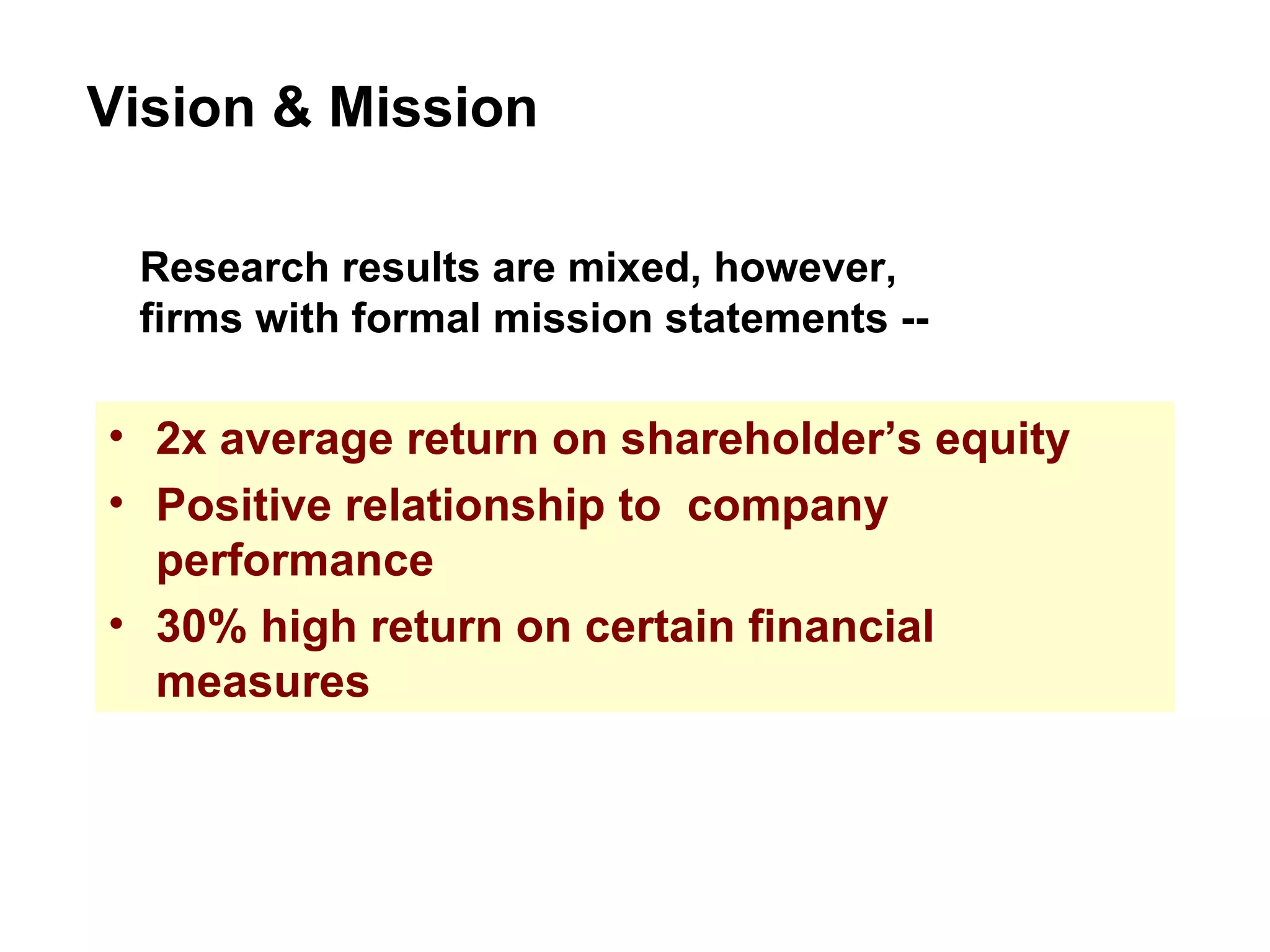 2x average return on shareholder’s equity Positive relationship to  company performance 30% high return on certain financial measures Vision & Mission Research results are mixed, however, firms with formal mission statements -- 