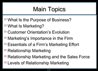 Main Topics
 What Is the Purpose of Business?
 What Is Marketing?
 Customer Orientation’s Evolution
 Marketing’s Importance in the Firm
 Essentials of a Firm’s Marketing Effort
 Relationship Marketing
 Relationship Marketing and the Sales Force
 Levels of Relationship Marketing
                      2-3
 
