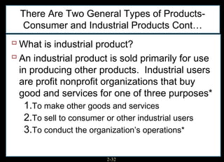 There Are Two General Types of Products-
  Consumer and Industrial Products Cont…
 What is industrial product?
 An industrial product is sold primarily for use
 in producing other products. Industrial users
 are profit nonprofit organizations that buy
 good and services for one of three purposes*
  1.To make other goods and services
  2.To sell to consumer or other industrial users
  3.To conduct the organization’s operations*

                       2-32
 