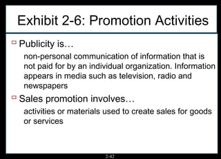 Exhibit 2-6: Promotion Activities
 Publicity is…
  non-personal communication of information that is
  not paid for by an individual organization. Information
  appears in media such as television, radio and
  newspapers
 Sales promotion involves…
  activities or materials used to create sales for goods
  or services



                         2-42
 