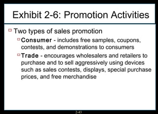 Exhibit 2-6: Promotion Activities
 Two types of sales promotion
   Consumer - includes free samples, coupons,
    contests, and demonstrations to consumers
   Trade - encourages wholesalers and retailers to
    purchase and to sell aggressively using devices
    such as sales contests, displays, special purchase
    prices, and free merchandise




                        2-43
 