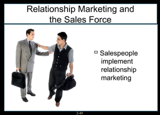 Relationship Marketing and
      the Sales Force


                    Salespeople
                     implement
                     relationship
                     marketing



            2-49
 