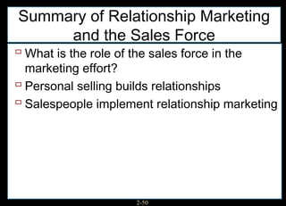 Summary of Relationship Marketing
     and the Sales Force
 What is the role of the sales force in the
  marketing effort?
 Personal selling builds relationships
 Salespeople implement relationship marketing




                       2-50
 