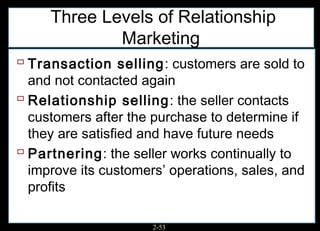 Three Levels of Relationship
             Marketing
 Transaction selling : customers are sold to
  and not contacted again
 Relationship selling : the seller contacts
  customers after the purchase to determine if
  they are satisfied and have future needs
 Partnering: the seller works continually to
  improve its customers’ operations, sales, and
  profits

                      2-53
 