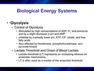 Biological Energy Systems 
• Glycolysis 
– Control of Glycolysis 
• Stimulated by high concentrations of ADP, Pi, and ammonia 
and by a slight decrease in pH and AMP 
• Inhibited by markedly lower pH, ATP, CP, citrate, and free 
fatty acids 
• Also affected by hexokinase, phosphofructokinase, and 
pyruvate kinase 
– Lactate Threshold and Onset of Blood Lactate 
• Lactate threshold (LT) represents an increasing reliance on 
anaerobic mechanisms. 
• LT is often used as a marker of the anaerobic threshold. 
 