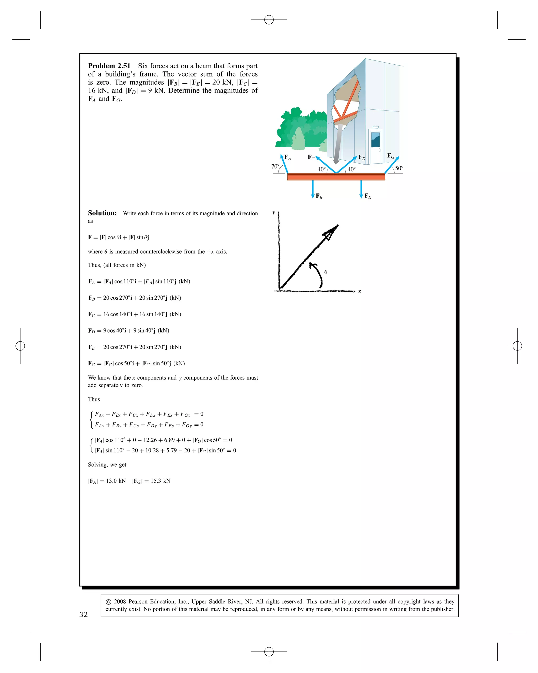 FAx C FBx C FCx D 0
FAy C FBy C FCy D 0
Thus,


jFAj cos 40° C jFBj cos 195° C 0 D 0
jFAj sin 40° C jFBj sin 195°  60 kN D 0
Solving for jFAj and jFBj, we get
jFAj D 137 kN, jFBj D 109 kN
FB
FC
FA
195°
270°
40°
x
Problem 2.50 Four forces act on a beam. The vector
sum of the forces is zero. The magnitudes jFBj D
10 kN and jFCj D 5 kN. Determine the magnitudes of
FA and FD.
FD
30°
FB FC
FA
Solution: Use the angles and magnitudes to determine the vectors,
and then solve for the unknowns. The vectors are:
FA D jFAji cos 30° C j sin 30° D 0.866jFAji C 0.5jFAjj
FB D 0i  10j, FC D 0i C 5j, FD D jFDji C 0j.
Take the sum of each component in the x- and y-directions:

Fx D 0.866jFAj  jFDji D 0
and

Fy D 0.5jFAj  10  5j D 0.
From the second equation we get jFAj D 10 kN . Using this value in
the first equation, we get jFDj D 8.7 kN
c
 2008 Pearson Education, Inc., Upper Saddle River, NJ. All rights reserved. This material is protected under all copyright laws as they
currently exist. No portion of this material may be reproduced, in any form or by any means, without permission in writing from the publisher.
31
 