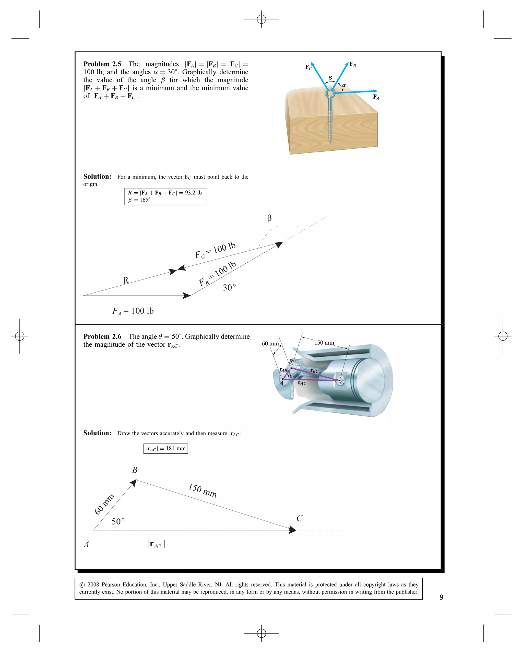 Problem 2.5 The magnitudes jFAj D jFBj D jFCj D
100 lb, and the angles ˛ D 30°. Graphically determine
the value of the angle ˇ for which the magnitude
jFA C FB C FCj is a minimum and the minimum value
of jFA C FB C FCj.
FB
FA
a
FC
␤
Solution: For a minimum, the vector FC must point back to the
origin.
R D jFA C FB C FCj D 93.2 lb
ˇ D 165°
Problem 2.6 The angle  D 50°. Graphically determine
the magnitude of the vector rAC. 60 mm 150 mm
A C
B
rAB rBC
rAC
␪
Solution: Draw the vectors accurately and then measure jrACj.
jrACj D 181 mm
c
 2008 Pearson Education, Inc., Upper Saddle River, NJ. All rights reserved. This material is protected under all copyright laws as they
currently exist. No portion of this material may be reproduced, in any form or by any means, without permission in writing from the publisher.
9
 