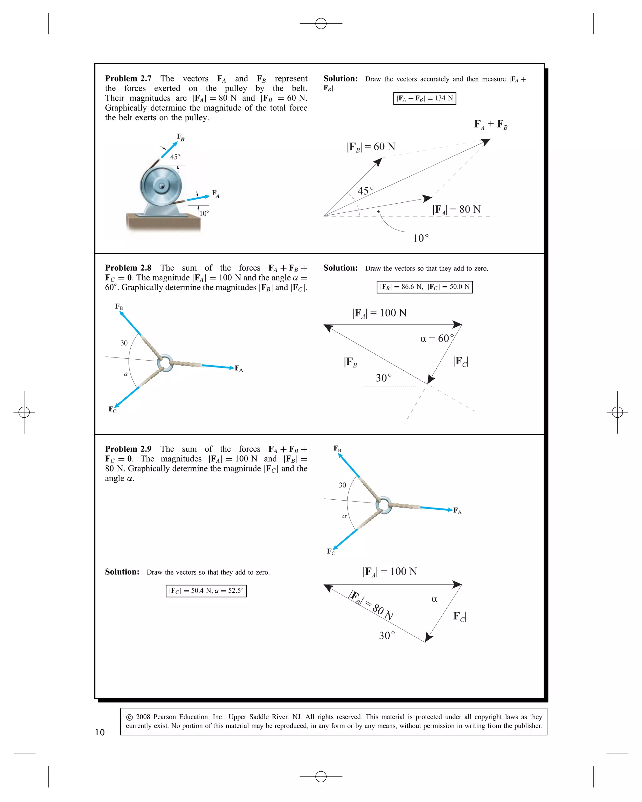 Problem 2.7 The vectors FA and FB represent
the forces exerted on the pulley by the belt.
Their magnitudes are jFAj D 80 N and jFBj D 60 N.
Graphically determine the magnitude of the total force
the belt exerts on the pulley.
45⬚
FA
FB
10⬚
Solution: Draw the vectors accurately and then measure jFA C
FBj.
jFA C FBj D 134 N
Problem 2.8 The sum of the forces FA C FB C
FC D 0. The magnitude jFAj D 100 N and the angle ˛ D
60°. Graphically determine the magnitudes jFBj and jFCj.
30
FB
FA
FC
a
Solution: Draw the vectors so that they add to zero.
jFBj D 86.6 N, jFCj D 50.0 N
Problem 2.9 The sum of the forces FA C FB C
FC D 0. The magnitudes jFAj D 100 N and jFBj D
80 N. Graphically determine the magnitude jFCj and the
angle ˛.
30
FB
FA
FC
a
Solution: Draw the vectors so that they add to zero.
jFCj D 50.4 N, ˛ D 52.5°
10
c
 2008 Pearson Education, Inc., Upper Saddle River, NJ. All rights reserved. This material is protected under all copyright laws as they
currently exist. No portion of this material may be reproduced, in any form or by any means, without permission in writing from the publisher.
 