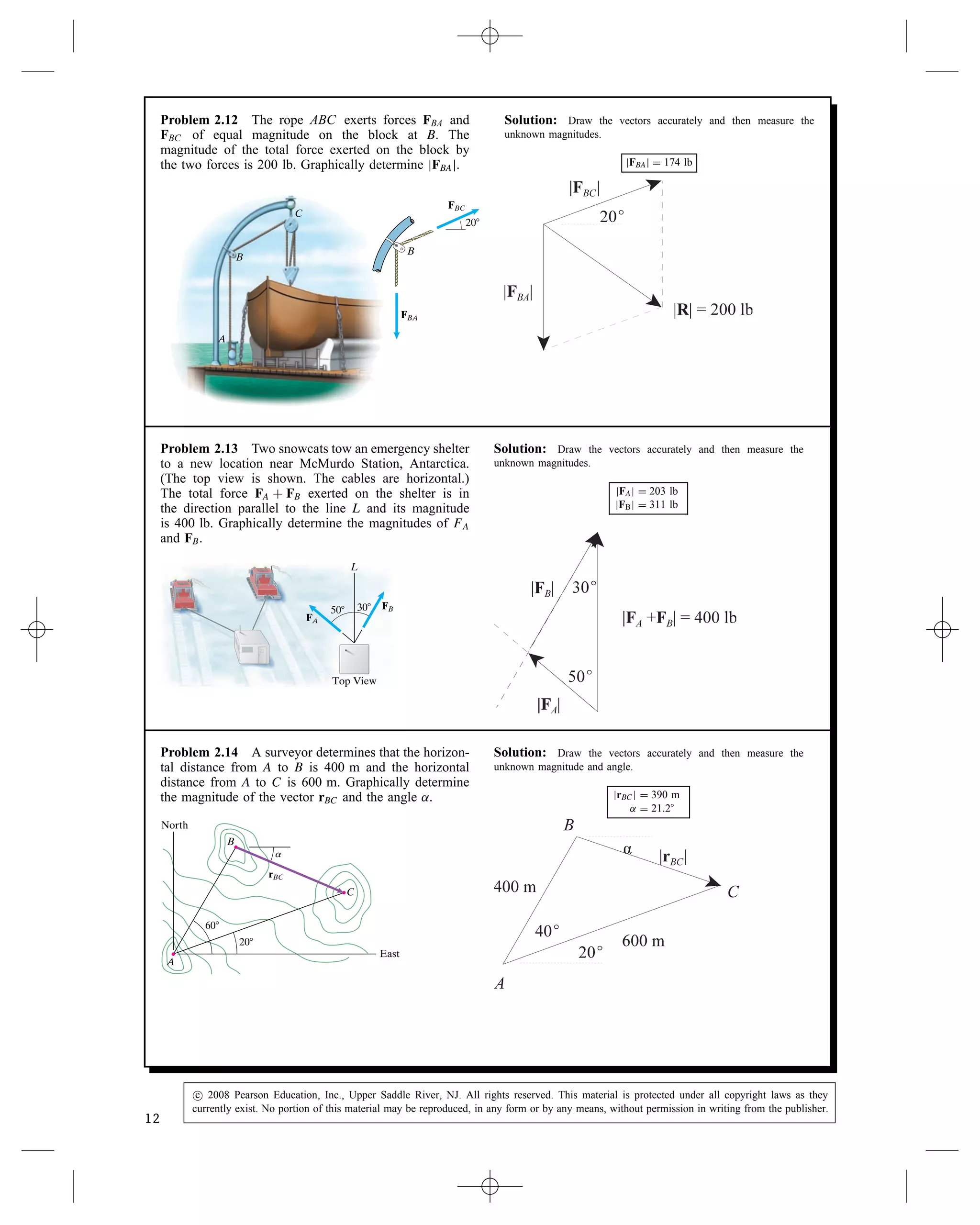 Problem 2.12 The rope ABC exerts forces FBA and
FBC of equal magnitude on the block at B. The
magnitude of the total force exerted on the block by
the two forces is 200 lb. Graphically determine jFBAj.
20⬚
FBC
FBA
B
C
A
B
Solution: Draw the vectors accurately and then measure the
unknown magnitudes.
jFBAj D 174 lb
Problem 2.13 Two snowcats tow an emergency shelter
to a new location near McMurdo Station, Antarctica.
(The top view is shown. The cables are horizontal.)
The total force FA C FB exerted on the shelter is in
the direction parallel to the line L and its magnitude
is 400 lb. Graphically determine the magnitudes of FA
and FB.
L
Top View
FA
FB
50⬚ 30⬚
Solution: Draw the vectors accurately and then measure the
unknown magnitudes.
jFAj D 203 lb
jFBj D 311 lb
Problem 2.14 A surveyor determines that the horizon-
tal distance from A to B is 400 m and the horizontal
distance from A to C is 600 m. Graphically determine
the magnitude of the vector rBC and the angle ˛.
East
North
60⬚
20⬚
C
B
A
rBC
a
Solution: Draw the vectors accurately and then measure the
unknown magnitude and angle.
jrBCj D 390 m
˛ D 21.2°
12
c
 2008 Pearson Education, Inc., Upper Saddle River, NJ. All rights reserved. This material is protected under all copyright laws as they
currently exist. No portion of this material may be reproduced, in any form or by any means, without permission in writing from the publisher.
 