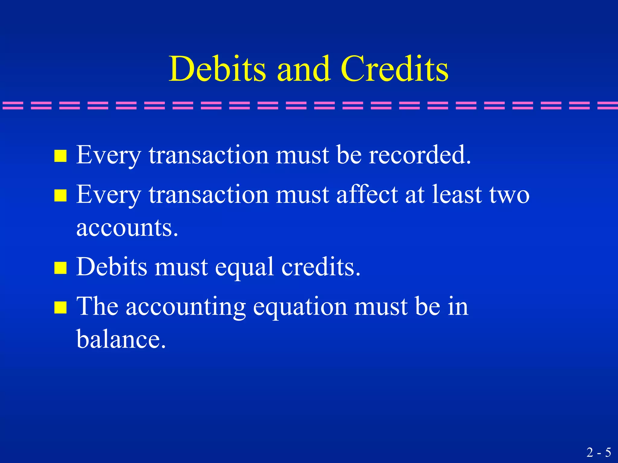2 - 5
Debits and Credits
 Every transaction must be recorded.
 Every transaction must affect at least two
accounts.
 Debits must equal credits.
 The accounting equation must be in
balance.
 