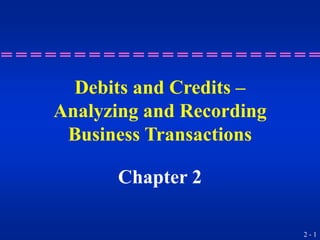 2 - 1
Debits and Credits –
Analyzing and Recording
Business Transactions
Chapter 2
 