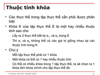 Cơ sở dữ liệu - Khoa CNTT - ĐH KHTN TPHCM 20
Thuộc tính khóa
 Các thực thể trong tập thực thể cần phải được phân
biệt
 Khóa K của tập thực thể E là một hay nhiều thuộc
tính sao cho
- Lấy ra 2 thực thể bất kỳ e1, và e2 trong E
- Thì e1 và e2 không thể có các giá trị giống nhau tại các
thuộc tính trong K
 Chú ý
- Mỗi tập thực thể phải có 1 khóa
- Một khóa có thể có 1 hay nhiều thuộc tính
- Có thể có nhiều khóa trong 1 tập thực thể, ta sẽ chọn ra 1
khóa làm khóa chính cho tập thực thể đó
 