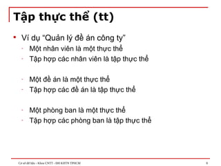 Cơ sở dữ liệu - Khoa CNTT - ĐH KHTN TPHCM 8
Tập thực thể (tt)
 Ví dụ “Quản lý đề án công ty”
- Một nhân viên là một thực thể
- Tập hợp các nhân viên là tập thực thể
- Một đề án là một thực thể
- Tập hợp các đề án là tập thực thể
- Một phòng ban là một thực thể
- Tập hợp các phòng ban là tập thực thể
 