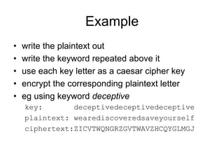 Example
• write the plaintext out
• write the keyword repeated above it
• use each key letter as a caesar cipher key
• encrypt the corresponding plaintext letter
• eg using keyword deceptive
key: deceptivedeceptivedeceptive
plaintext: wearediscoveredsaveyourself
ciphertext:ZICVTWQNGRZGVTWAVZHCQYGLMGJ
 
