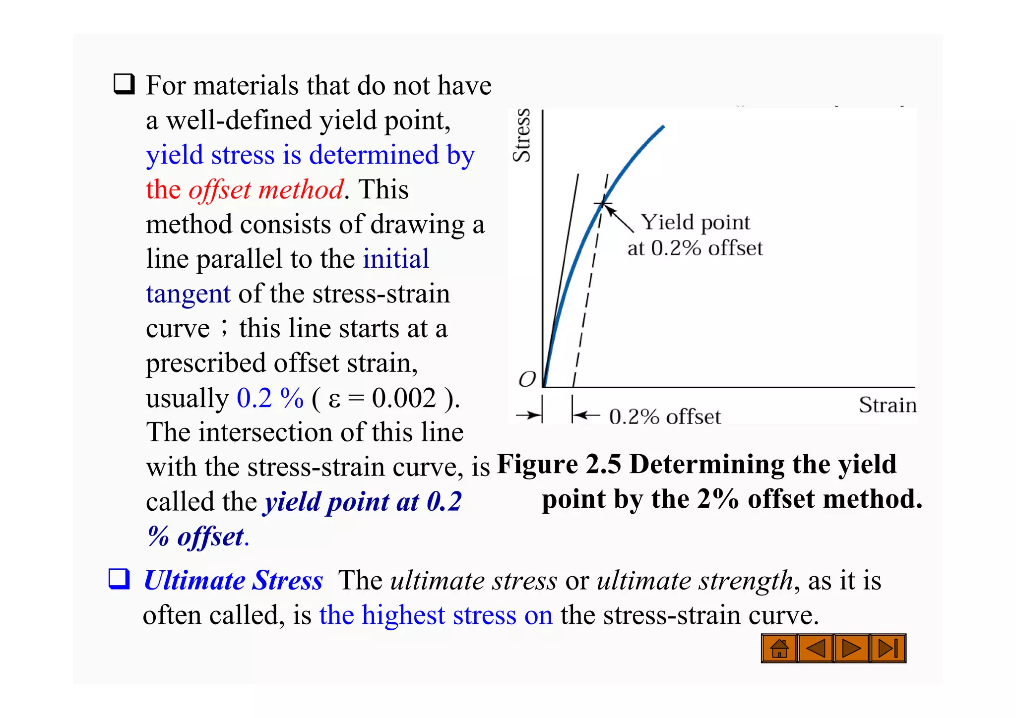‰ For materials that do not have
a well-defined yield point,
yield stress is determined by
the offset method. This
method consists of drawing a
line parallel to the initial
tangent of the stress-strain
curve；this line starts at a
prescribed offset strain,
usually 0.2 % ( ε = 0.002 ).
The intersection of this line
with the stress-strain curve, is
called the yield point at 0.2
% offset.
( ) g g
( ) g g
Figure 2.5 Determining the yield
point by the 2% offset method.
‰ Ultimate Stress The ultimate stress or ultimate strength, as it is
often called, is the highest stress on the stress-strain curve.
 