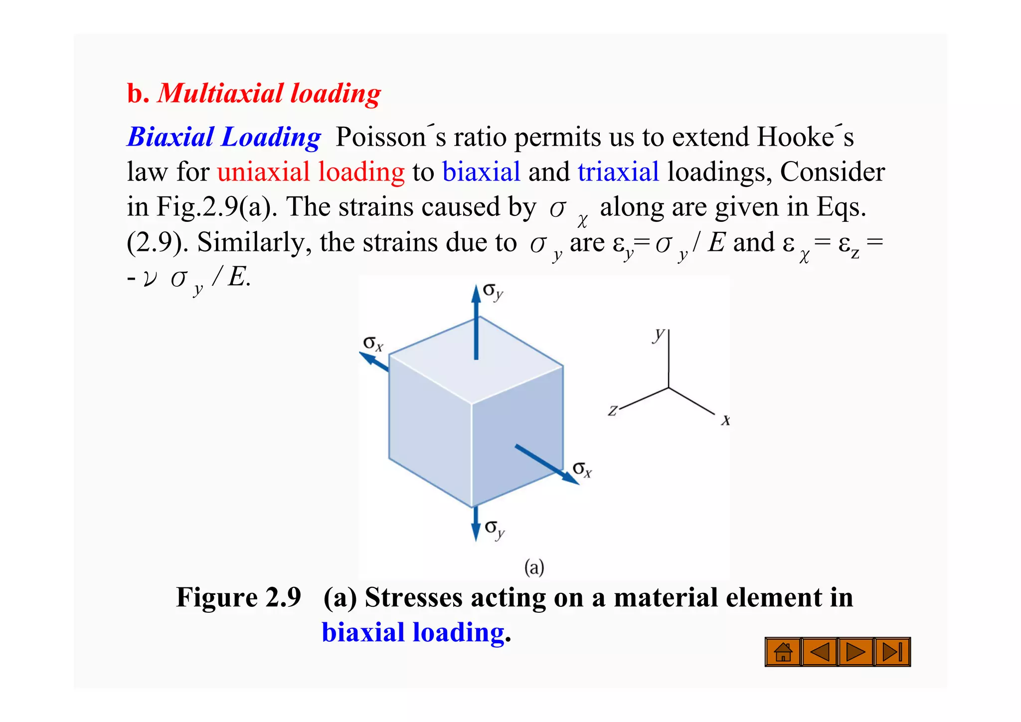 Figure 2.9 (a) Stresses acting on a material element in
biaxial loading.
b. Multiaxial loading
Biaxial Loading Poisson´s ratio permits us to extend Hooke´s
law for uniaxial loading to biaxial and triaxial loadings, Consider
in Fig.2.9(a). The strains caused by σχ along are given in Eqs.
(2.9). Similarly, the strains due to σy are εy=σy / E and εχ= εz =
-νσy / E.
 