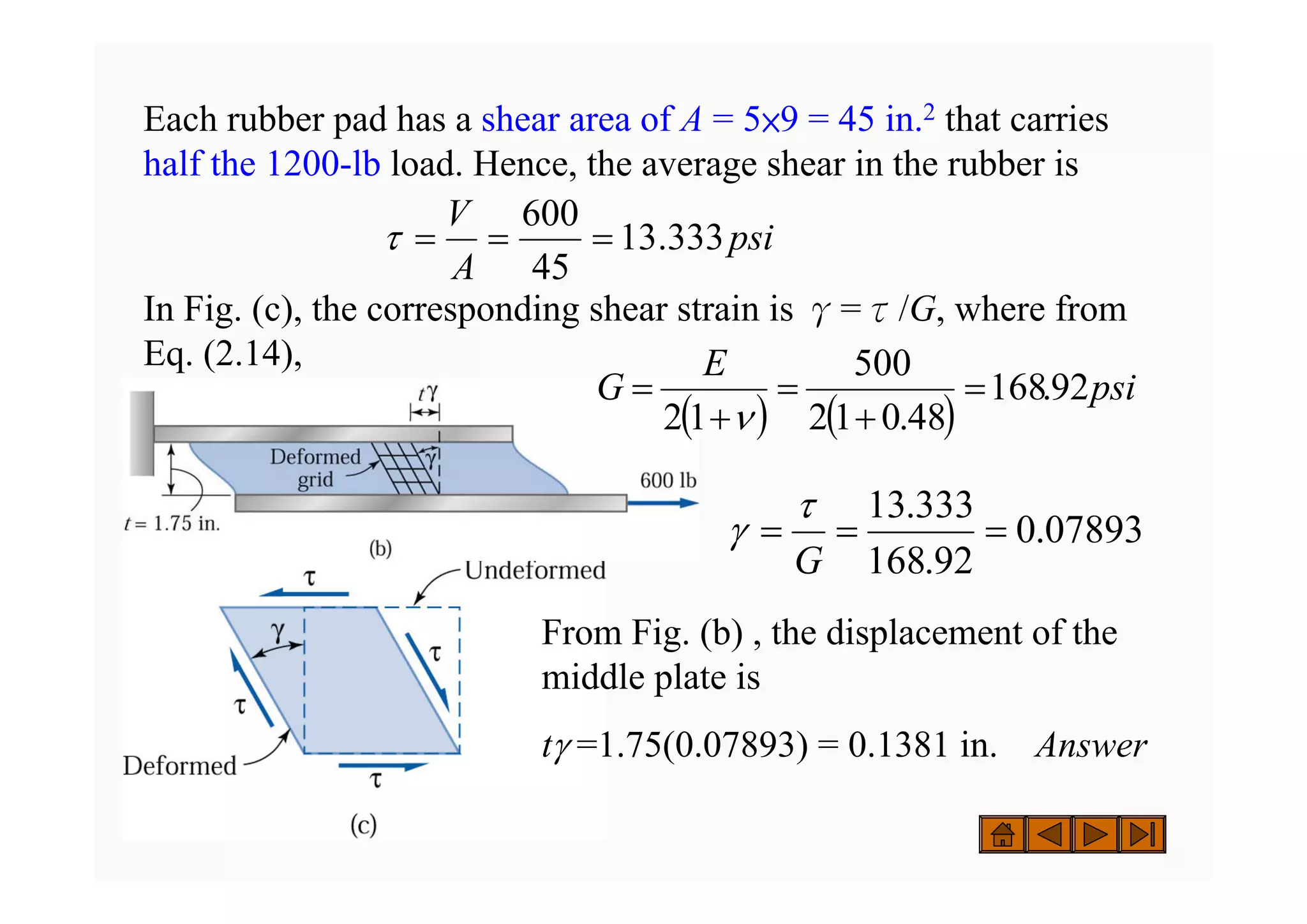 Each rubber pad has a shear area of A = 5×9 = 45 in.2 that carries
half the 1200-lb load. Hence, the average shear in the rubber is
In Fig. (c), the corresponding shear strain is γ=τ/G, where from
Eq. (2.14),
psi
A
V
333
.
13
45
600
=
=
=
τ
From Fig. (b) , the displacement of the
middle plate is
tγ =1.75(0.07893) = 0.1381 in. Answer
( ) ( )
psi
E
G 92
.
168
48
.
0
1
2
500
1
2
=
+
=
+
=
ν
07893
.
0
92
.
168
333
.
13
=
=
=
G
τ
γ
 