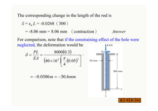 The corresponding change in the length of the rod is
δ= εx L = -0.0268（300）
= -8.06 mm = 8.06 mm （contraction） Answer
For comparison, note that if the constraining effect of the hole were
neglected, the deformation would be
( )
( ) ( )
EA
PL
05
.
0
4
16
40
3
.
0
8000
2
6
=
⎥
⎦
⎤
⎢
⎣
⎡
×
=
=
π
δ
mm
m 6
.
30
0306
.
0 −
=
−
=
 