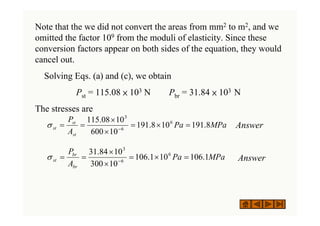 Note that the we did not convert the areas from mm2 to m2, and we
omitted the factor 109 from the moduli of elasticity. Since these
conversion factors appear on both sides of the equation, they would
cancel out.
Solving Eqs. (a) and (c), we obtain
Pst = 115.08 × 103 N Pbr = 31.84 × 103 N
The stresses are
Answer
Answer
MPa
Pa
A
P
st
st
st 8
.
191
10
8
.
191
10
600
10
08
.
115 6
6
3
=
×
=
×
×
=
= −
σ
MPa
Pa
A
P
br
br
st 1
.
106
10
1
.
106
10
300
10
84
.
31 6
6
3
=
×
=
×
×
=
= −
σ
 